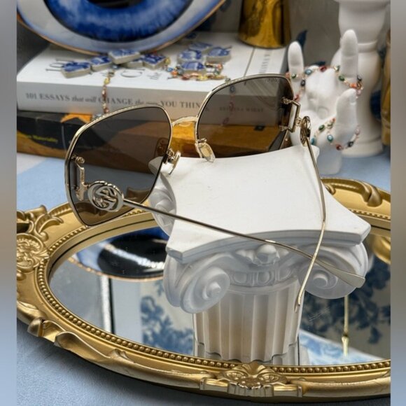 🆕 GUCCI 🧿 NWOT GG1207SA Gold Rimmed Geometric Square Sunglasses, Brown & Gold - Picture 13 of 15